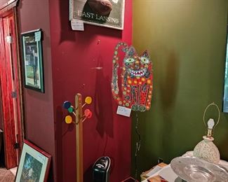 $50 Metal Cat Stand up art, $30 MSU East Lansing Framed Football art