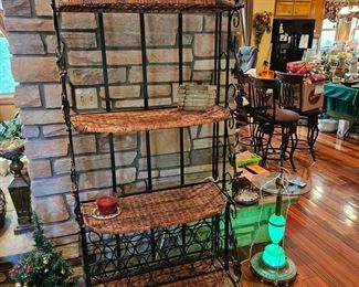 $100 Wicker & Metal bakers/wine rack, SOLD -Vintage Slag glass remastered table w/lighting