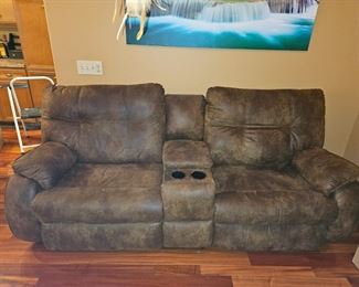 $80 Reclining couch w/cupholders, Microfiber Leather look, Burn holes on left side, see next picture