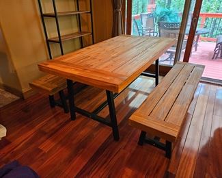 $180, Acacia wood table and bench set
