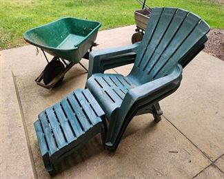 $12 ea (3) Green Adirondack Chairs, $3 ea (2) footstools