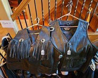 $ 20 Leather Harley vest (L), $15 Leather Fringe vest
