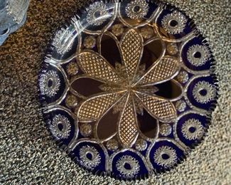 Blue cut glass platter