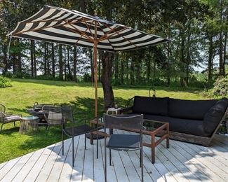 Restorations Hardware outdoor furniture, lounge bistro set, fire pit, pottery barn striped umbrella
