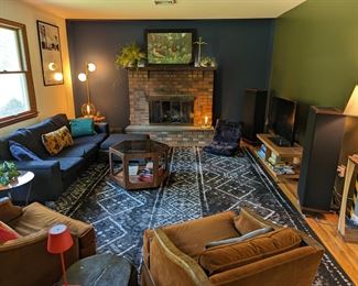 Couch, Lane coffee table, 2 burnt orange velvet club chairs, lamps, tv, entertainment console