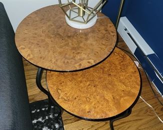 2 nesting burl wood side tables, hexagon light (2)