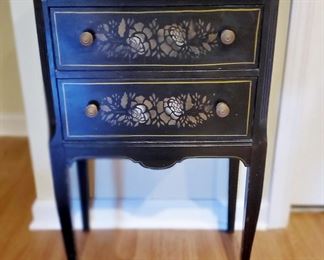 Stenciled Sewing Thread Cabinet Nightstand Table w/ drawer & spinning storage