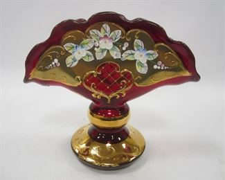CZECH ENAMELED RUBY GLASS FAN VASE. 6" TALL
