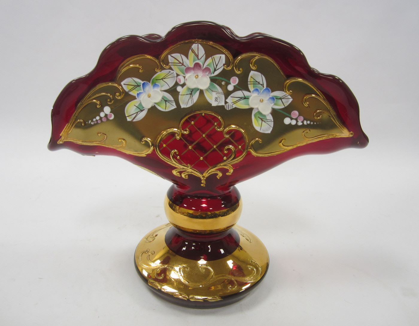 CZECH ENAMELED RUBY GLASS FAN VASE. 6" TALL