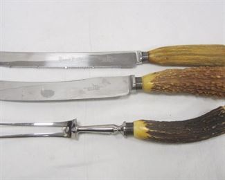 WALKER & HALL ANTLER HANDLED CARVING UTENSILS, MISSING ONE PIECE OF THE SET