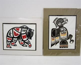 TWO NW NATIVE PRINTS BY CHARMAINE LAURENCE TITLED "EAGLE" AND "BEAR". SHOW AREA IS 9.5 X 7.5

