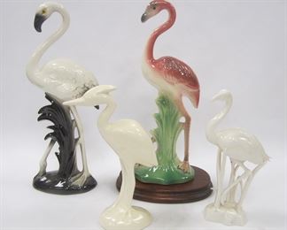 FOUR 1950'S PORCELAIN BIRD FIGURES: TWO WM MADDUX, A METLOX, AND AN UNSIGNED WHITE PORCELAIN. TALLEST IS 10"
