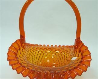 FENTON HOBNAIL AMBERINA GLASS BASKET. 9.75" TO TIP OF HANDLE