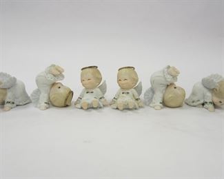 ENESCO TAIWAN ANGEL FIGURINES. SIX WITH HOLY LEAVES AND HALOS APPROX. 2" TALL