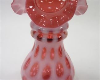 FENTON CRANBERRY COIN DOT VASE. 6 1/8" TALL