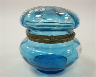 VICTORIAN BLUE GLASS ENAMELED JAR. 3 3/8" - 19TH CENTURY