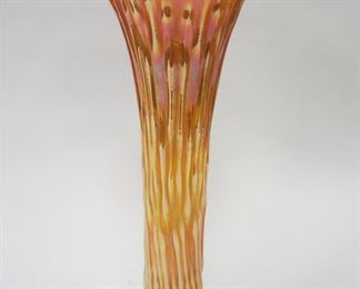 ORANGE CARNIVAL GLASS DRAWN VASE. 12"