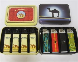 TWO SETS OF DISPOSABLE CAMEL LIGHTERS IN COLLECTOR TINS
