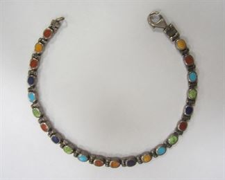 STERLING BRACELET WITH MULTIPLE STONES INCLUDING TURQUOISE, JASPER, CARNELIAN, LAPIS,

