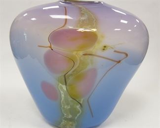 SIGNED ART GLASS VASE WITH ABSTRACT PATTERN. 9.5" TALL