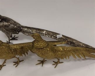 THREE METAL ART PHEASANTS. SILVER PLATED ONE IS 15.5" LONG
