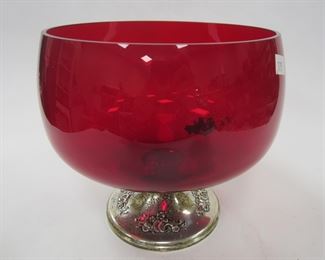GORHAM STERLING WEIGHTED BASE WITH RUBY GLASS BOWL. THE GLUE IS MISSING FROM THE CONNECTING POINT OF BASE. 6.5" DIAMETER