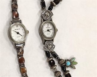 TWO LADIES WATCHES: PEYOTE BIRD WITH STERLING CHARMS AND GLASS BEADS, THE OTHER IS STERLING WITH MULTIPLE GEMSTONES