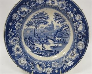 ANTIQUE BLUE WILLOW PLATE MID 19TH CENTURY TRANSFERWARE 10.75" DIAMETER