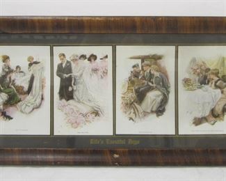 HARRISON FISHER VINTAGE FRAMED POSTCARDS, GREATEST MOMENTS SERIES OF LIFE EVENTS IN ANTIQUE FAUX GRAIN FRAME. 8.75 X 25.5"