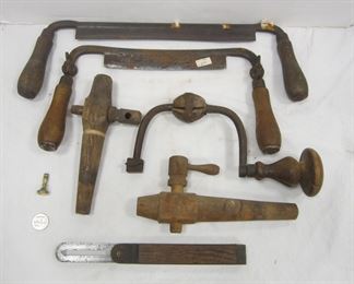 OLD TOOLS: TWO ANTIQUE DRAW KNIVES, WINE BARREL SPIGOTS, AND SQUARE
