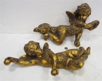PAIR OF VINTAGE PLASTER WALL MOUNT CHERUB FIGURES. 18" TALL