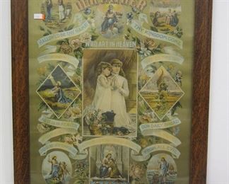 ANTIQUE OAK FRAMED PRINT OF THE "LORD'S PRAYER". FRAME IS OF THE PERIOD 18.5 X 22.5"