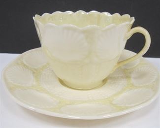 GREEN MARK BELLEEK SEASHELL CUP AND SAUCER