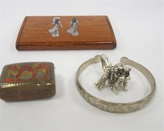 SMALL ENAMELED BILL BOX, INLAID WOOD CARD BOX, DRAGON RING AND BRACELET