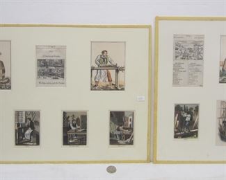 ANTIQUE COLORED ETCHINGS OF WOOD WORKERS ALL DEPICTING THE USE ON ANTIQUE TOOLS. MATTED UNDERNEATH GLASS SHEETS