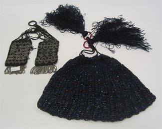 BEADED RETICULE PURSE AND PAIR OF STEEL BEADED TASSELS