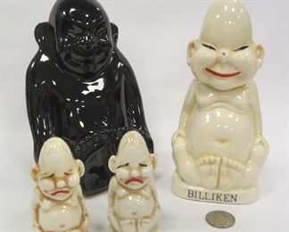 COLLECTION OF VINTAGE PORCELAIN BILLIKENS: SALT & PEPPER SHAKERS, AND BANK