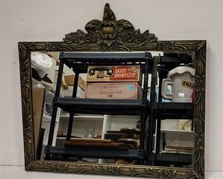 OLD FRAMED WALL MIRROR.  ONE SECTION OF SILVERING GONE