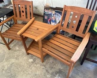 TWO OUTDOOR CHAIRS WITH ATTACHED END TABLE