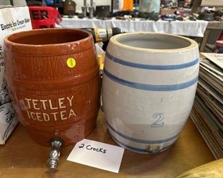 TWO CROCK DRINK DISPENSERS NO LIDS ONE SPOUT