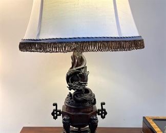 Pair of Japanese bronze censor lamps with custom base and custom shades
