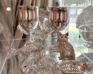 Sterling & Christofle animal figurines; Cartier sterling nut dish