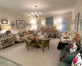 French day bed, (4) leather barrel chairs, low table and (4) suede chairs