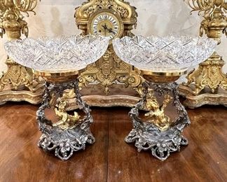 Pair of gilt bronze, silver and cut glass mounted bowls