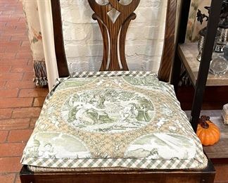 Pair of Antique oak chairs with rush seats and custom French cushions