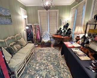 French painted bench with rush seat & custom needlepoint upholstery; needlepoint rug; Kittinger drum table