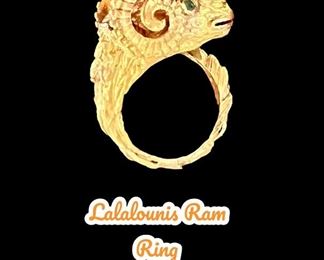 Lalalounis 18k Ram’s Head ring with emerald eyes and diamond mane