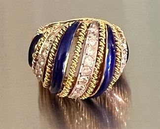 14k diamond and cobalt enamel dome ring