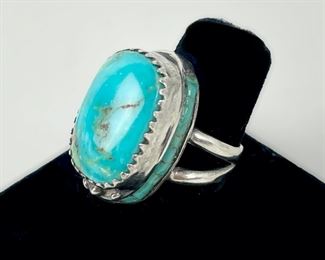 18 Grams Fine Sterling Silver Signed Les Baker Navajo Native American Turquoise Ring Size 6.25
