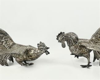 Antique Silver Plated Fighting Cock Roosters

